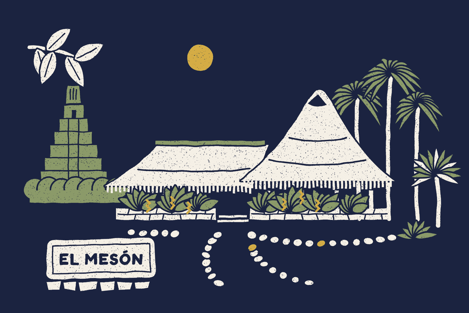 Ilustración de El Mesón: techos de palma, jardines y un sendero, junto a un motivo de Tikal.